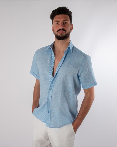 TURQUOISE MEN'S SHIRT WITH SHORT SLEEVES 100% LINEN