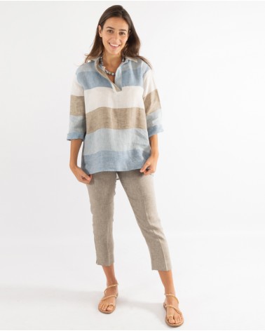BLUSA SCOLLO V JACQUARD 100% LINO