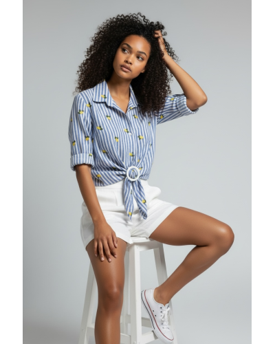 CAMICIA SERENA RIGATA CON LIMONI RICAMATI 100% LINO