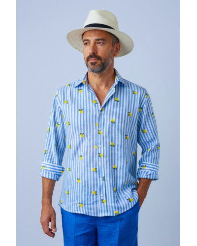 CAMICIA UOMO IN PURO LINO CON RIGHE BIANCHE E AZZURRE E LIMONCINI RICAMATI