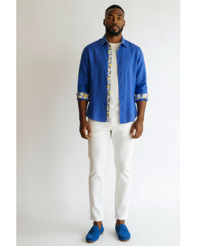 CAMICIA UOMO INDACO CON RIPORTI FANTASIA LIMONI 100% LINO