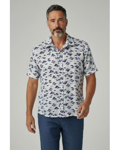 CAMICIA UOMO A MANICHE CORTE FANTASIA PESCI  100% LINO