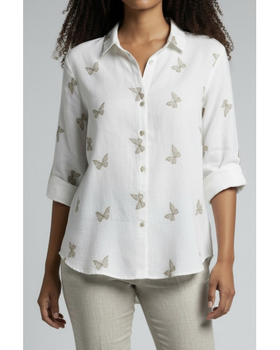CAMICIA BARBARA CON FARFALLE RICAMATE IN PURO LINO