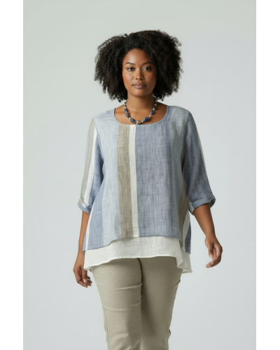 BLUSA MIDI DOPPIATA RIGATA 100% LINO